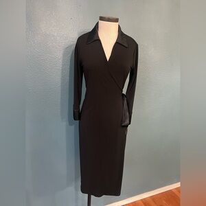 Ladies George‎ Stretch Black V-Neck Midi Wrap Dress with 3/4 sleeves silk trim